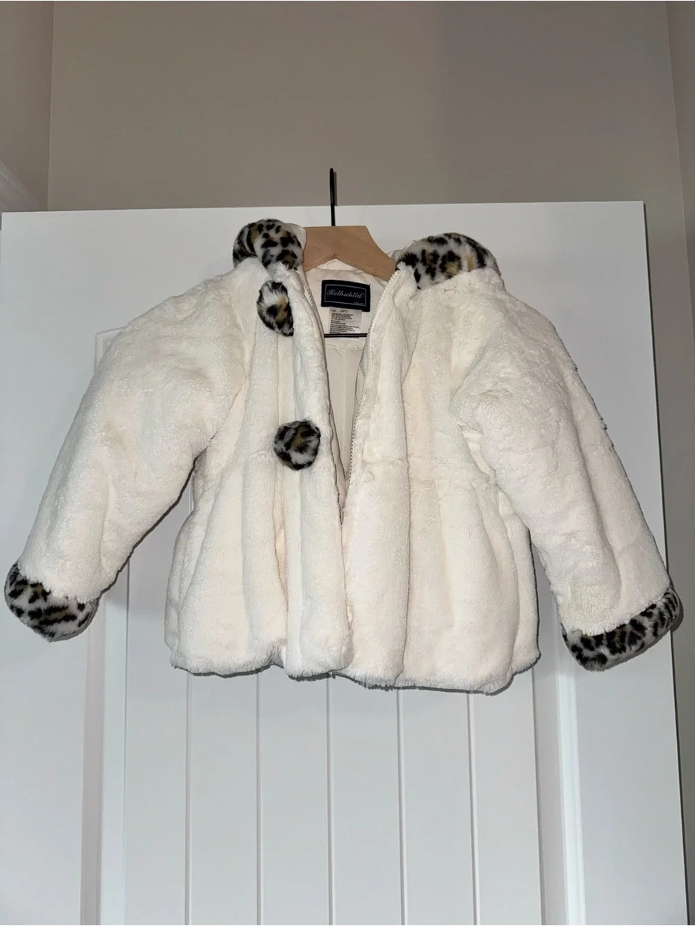 Rothschild Cream Faux-Fur Hooded Coat with Leopard Trim